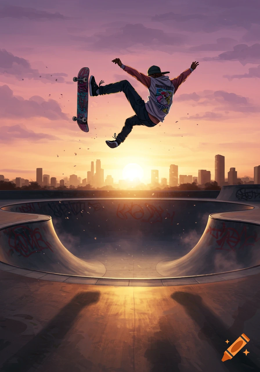 Illustration of a skateboarder mid-air in a skatepark at sunset, with a city skyline.