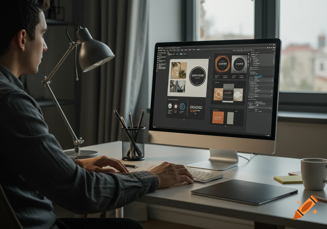 Man working on a computer, designing a branding project with logo concepts and color palettes on a screen in a modern office.