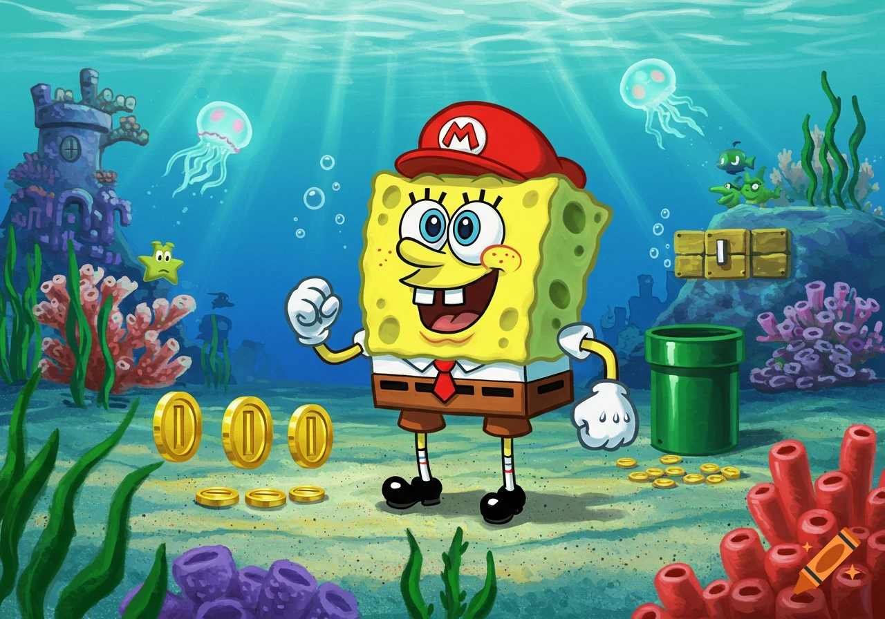 SpongeBob SquarePants dressed as Mario, smiling and waving underwater amidst Mario coins, a warp pipe, and an item block, with jellyfish and coral.