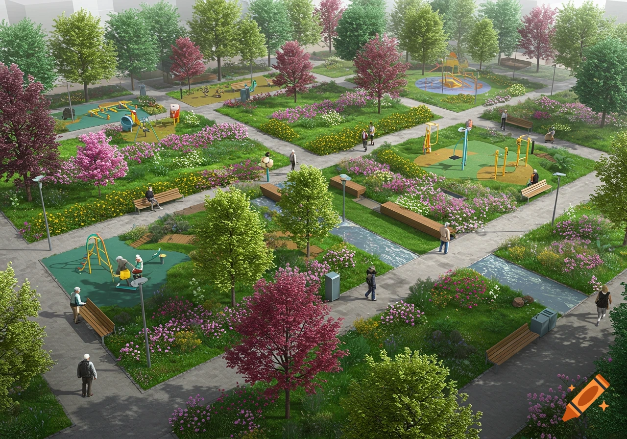 Aerial view of a vibrant public park with winding paths, lush greenery, colorful flowerbeds, trees, benches, playgrounds, and outdoor fitness equipment. People are walking and relaxing.