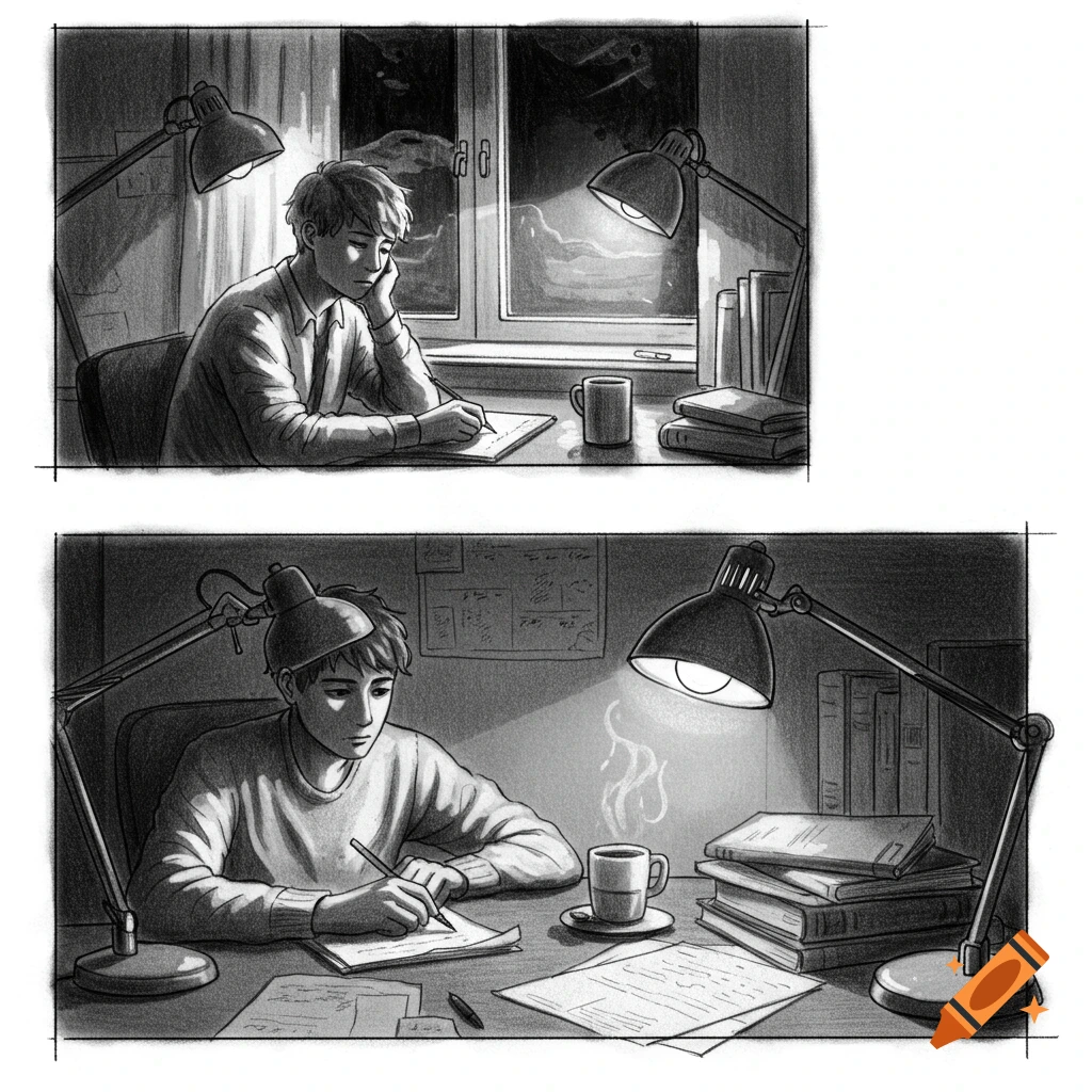 A black and white sketch in two panels showing a young man studying late at night at a desk illuminated by a desk lamp.