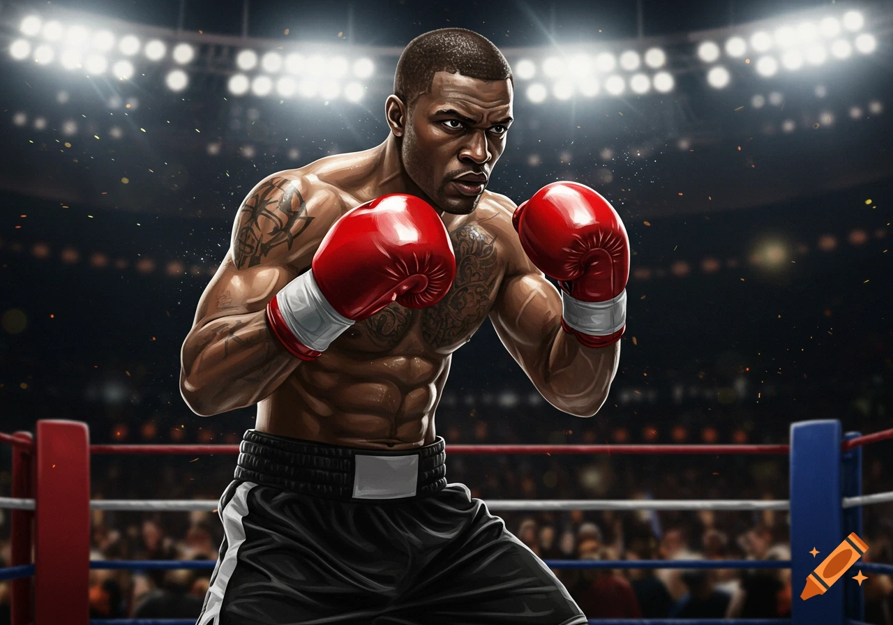 A muscular male boxer with tattoos and red gloves stands defensively in a spotlighted boxing ring.