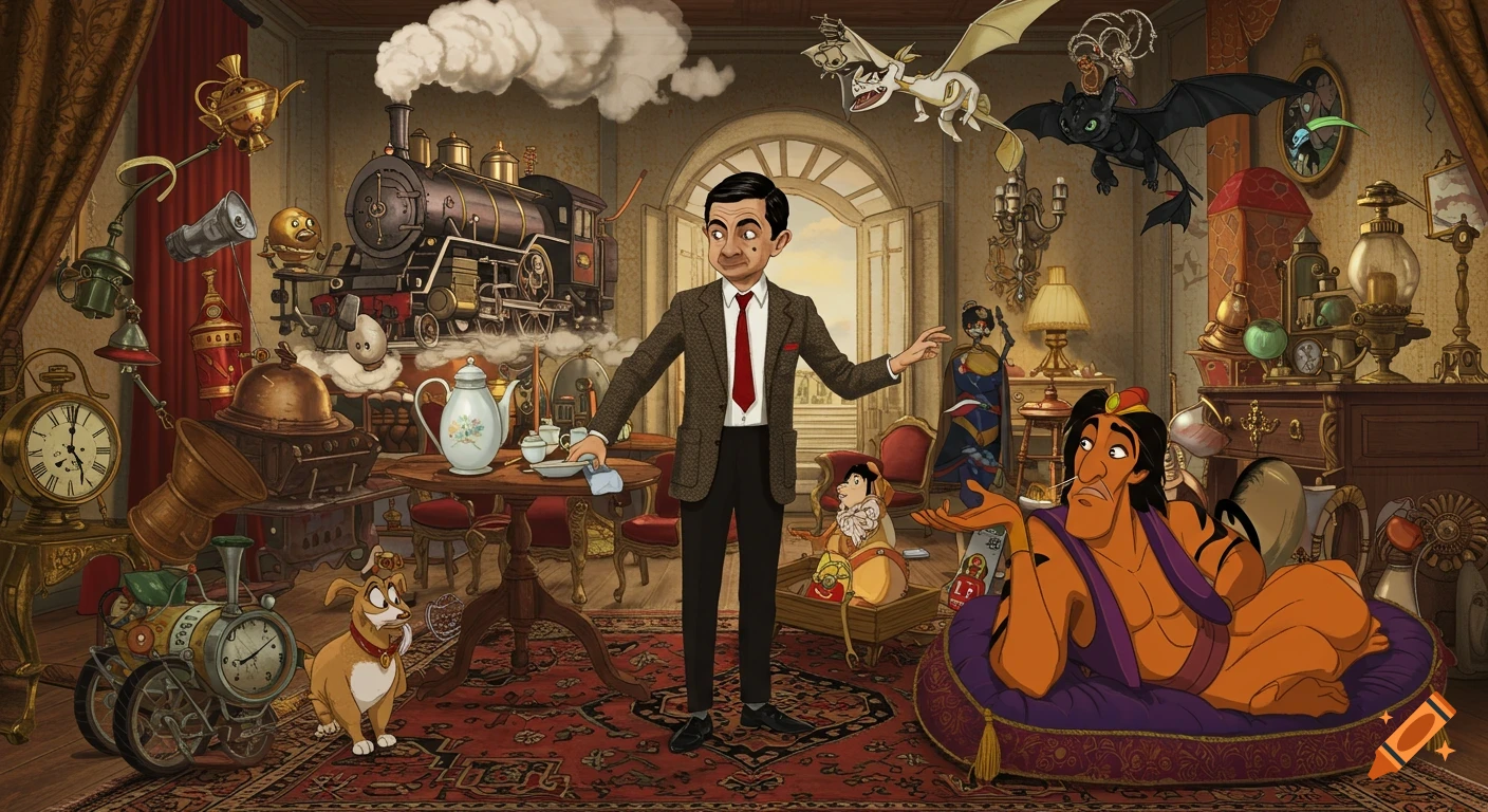 Mr. Bean stands in a cluttered, antique-filled room with Aladdin reclining on a cushion, a dog, and flying dragons.
