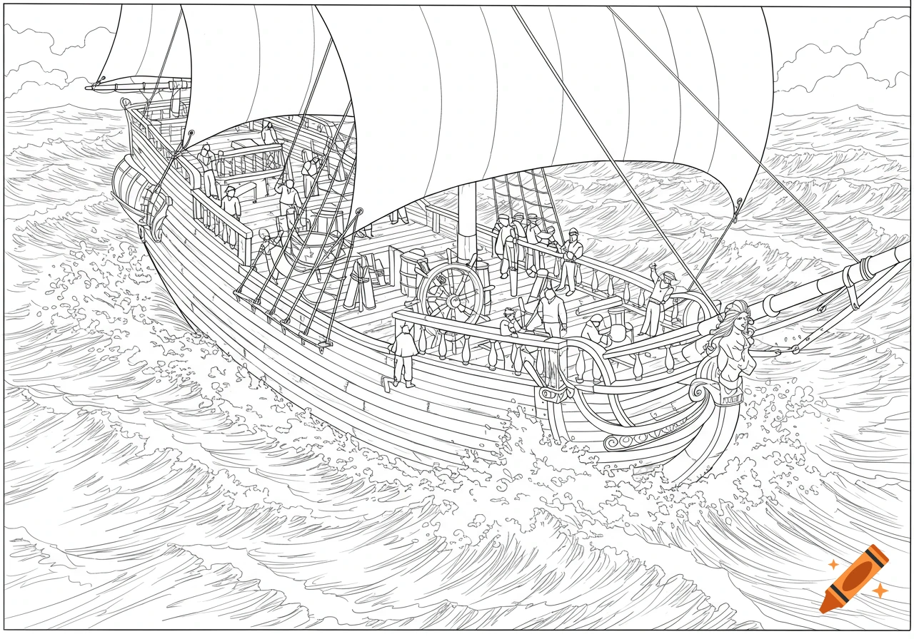 Line drawing of a historical sailing ship with a crew and mermaid figurehead, sailing through wild waves, coloring book style.