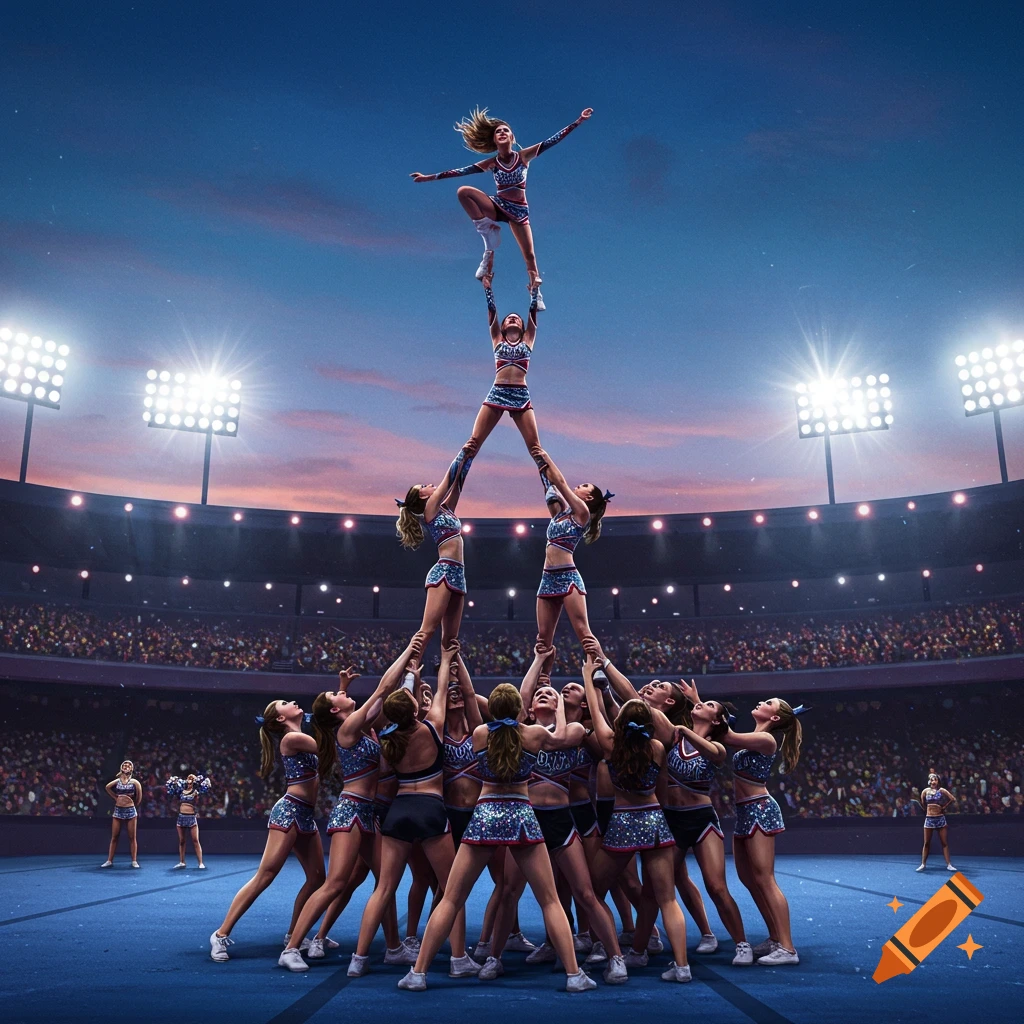 A large group of cheerleaders in sparkling blue and white uniforms forming a human pyramid stunt on a blue mat in a stadium at twilight.
