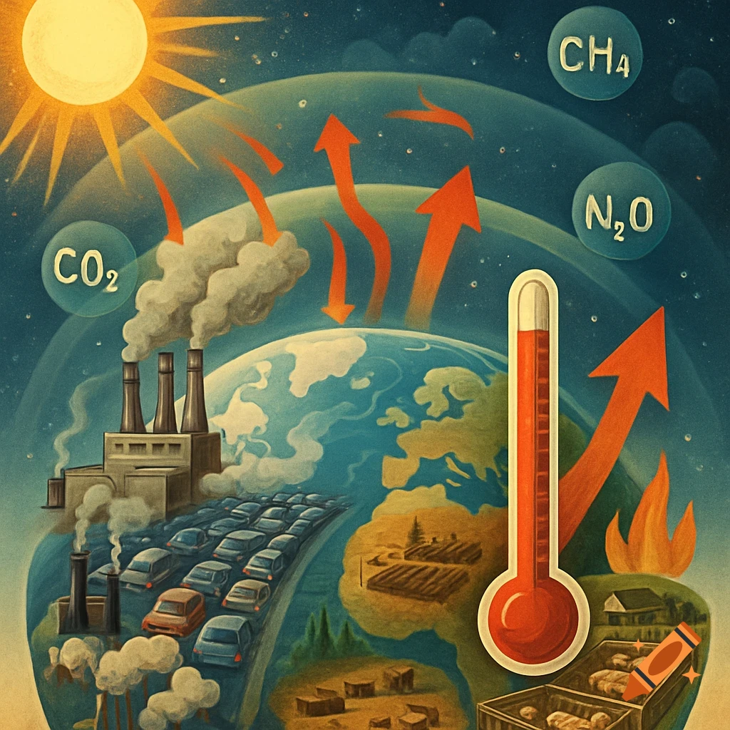 Stylized illustration of Earth showing global warming with factories, cars, deforestation, greenhouse gases, and a rising thermometer.