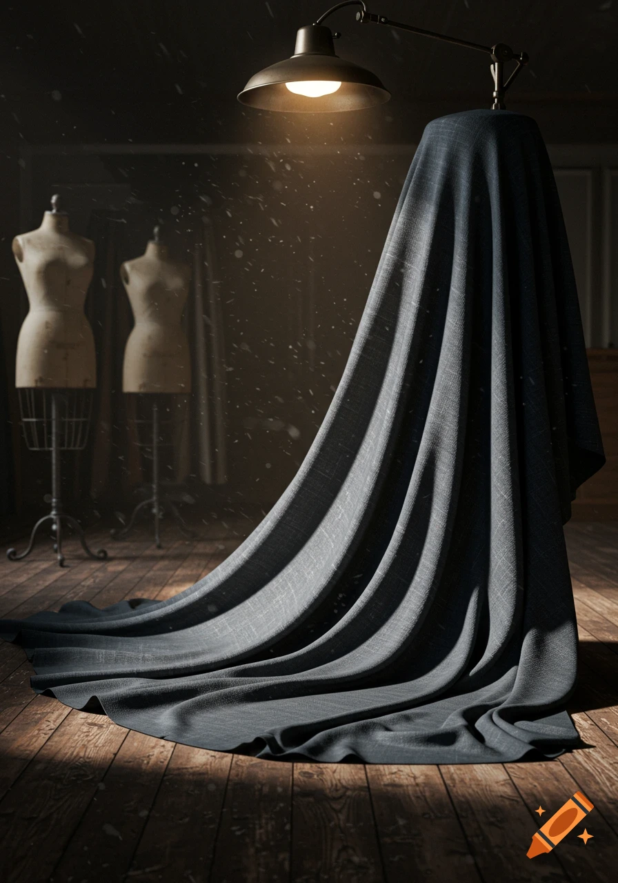 Dark grey fabric draped under a lamp on a wooden floor, with two tailor mannequins in the background, photorealistic style.