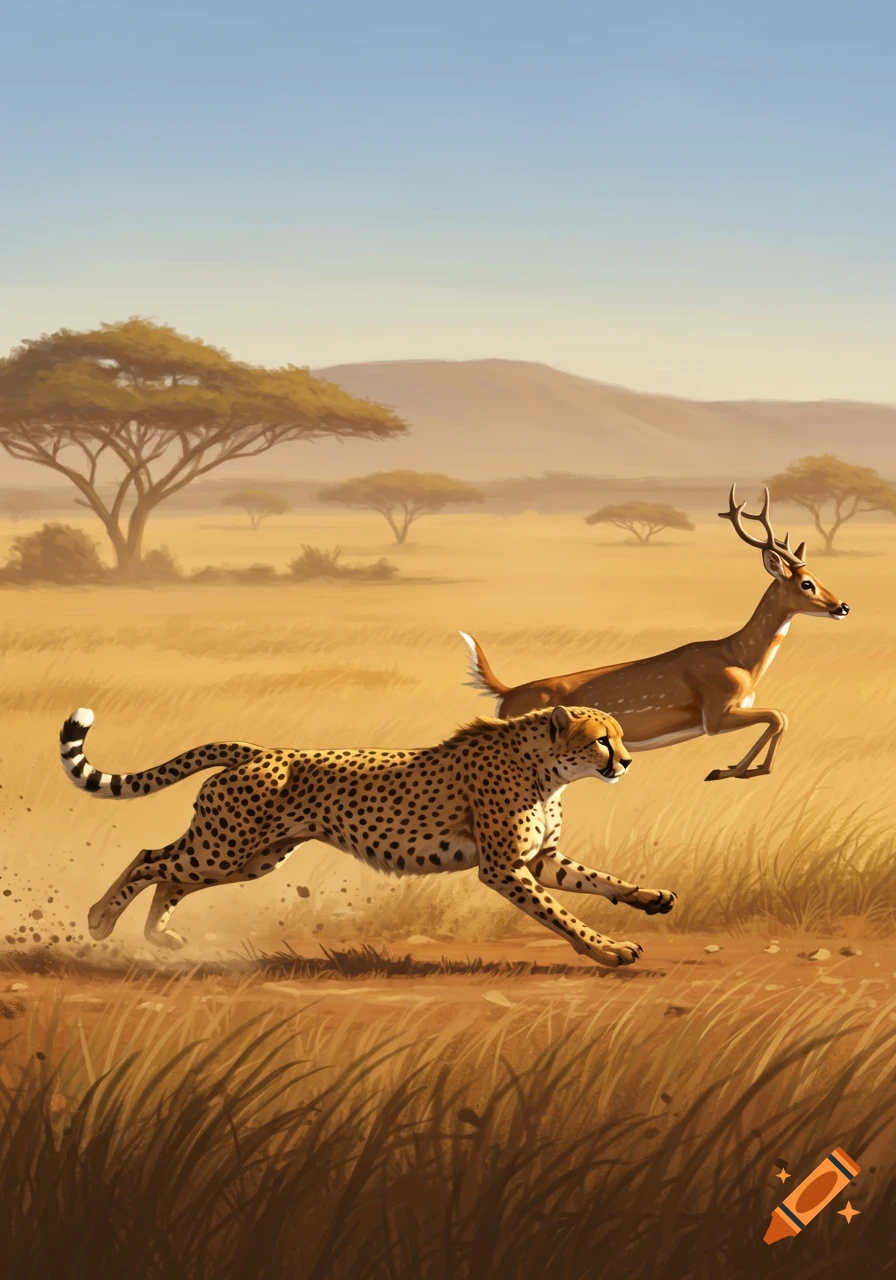 A cheetah runs through a grassy savanna, chasing a deer with antlers under a clear sky.