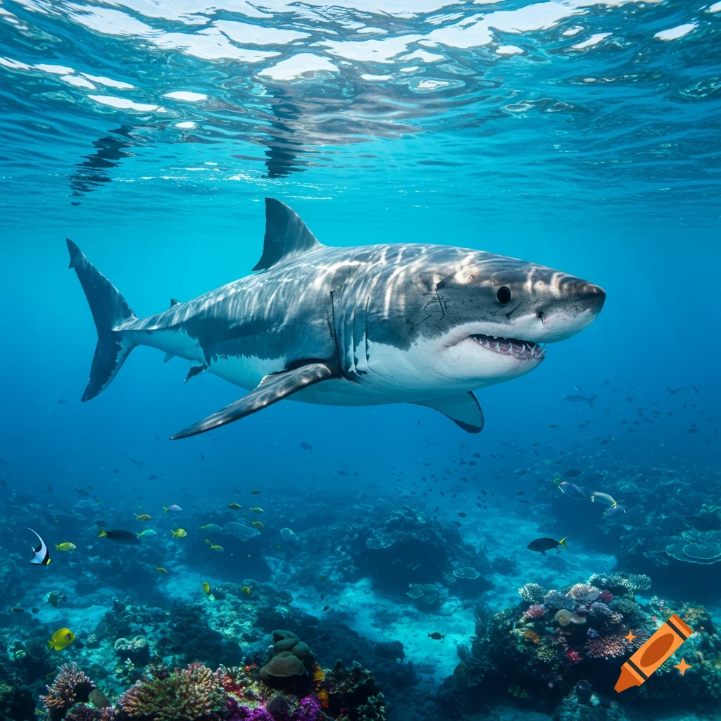 Photorealistic great white shark swimming above a vibrant coral reef in clear blue ocean water.