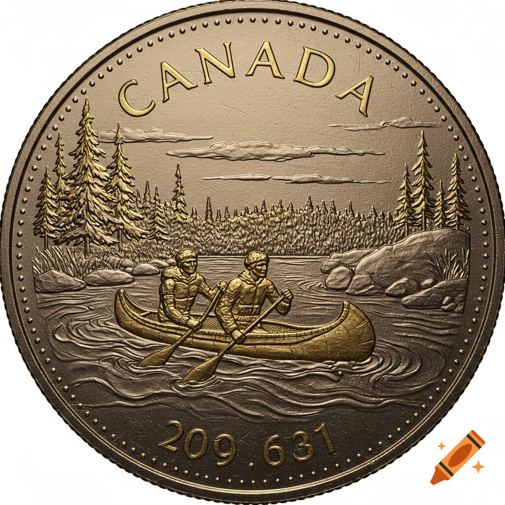 A bronze-toned coin depicts two voyageurs paddling a canoe on a river, with evergreen trees and clouds in the background. "CANADA" is above and "209 631" is below.