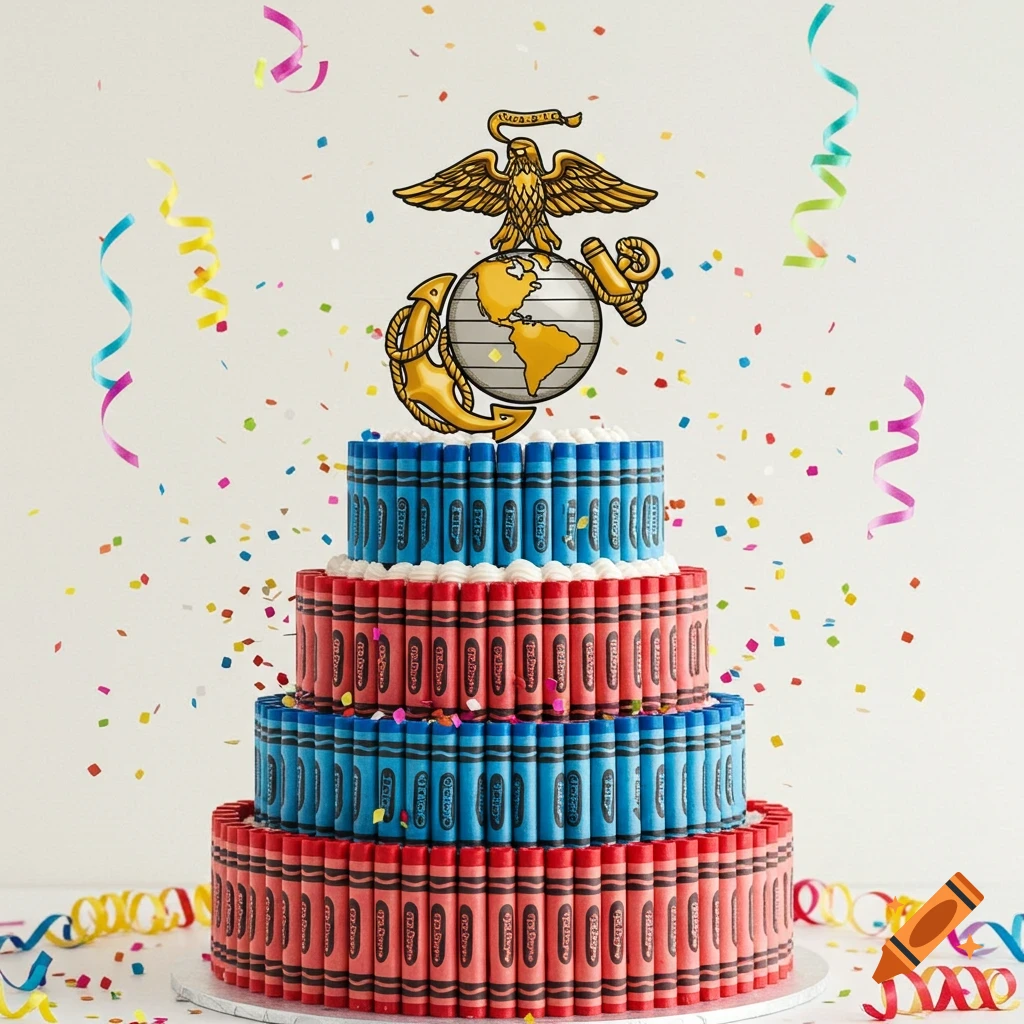 A four-tier birthday cake decorated with red and blue crayons, topped with the gold US Marine Corps Globe & Anchor emblem, with colorful confetti falling around it.