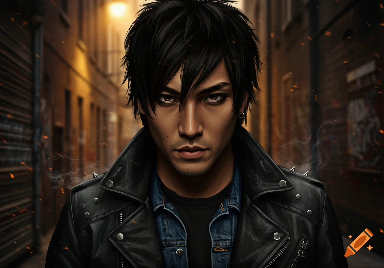 Close-up portrait of a grunge man with dark spiky hair and an intense gaze, wearing a black leather jacket in a smoky urban alley.