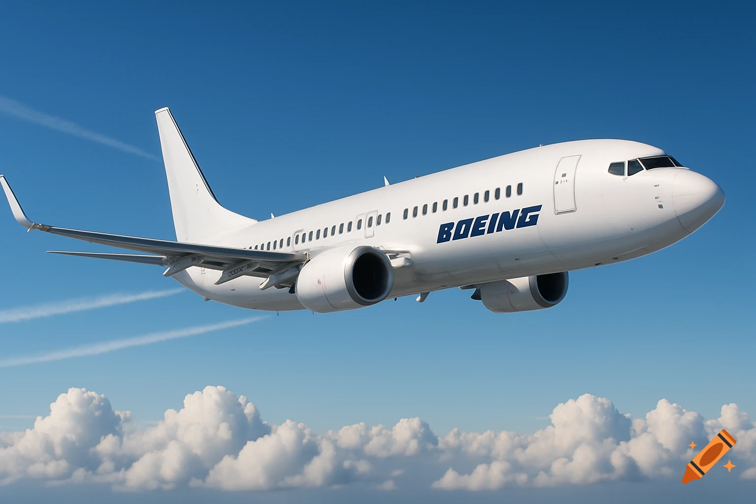 A white Boeing airplane with a blue Boeing logo flying through a clear blue sky above white clouds, photorealistic.