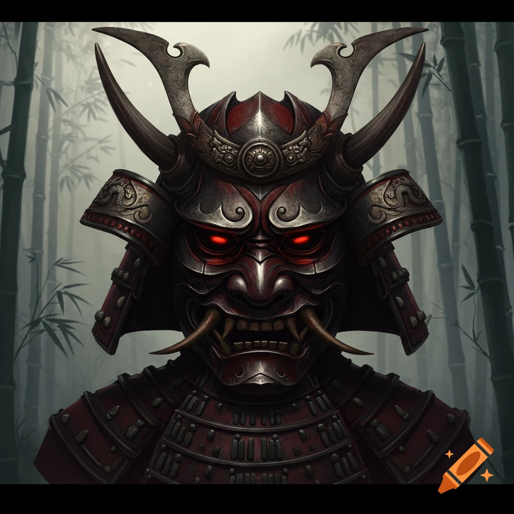 A dark red and metallic samurai helmet with glowing red eyes and fangs, in a bamboo forest.