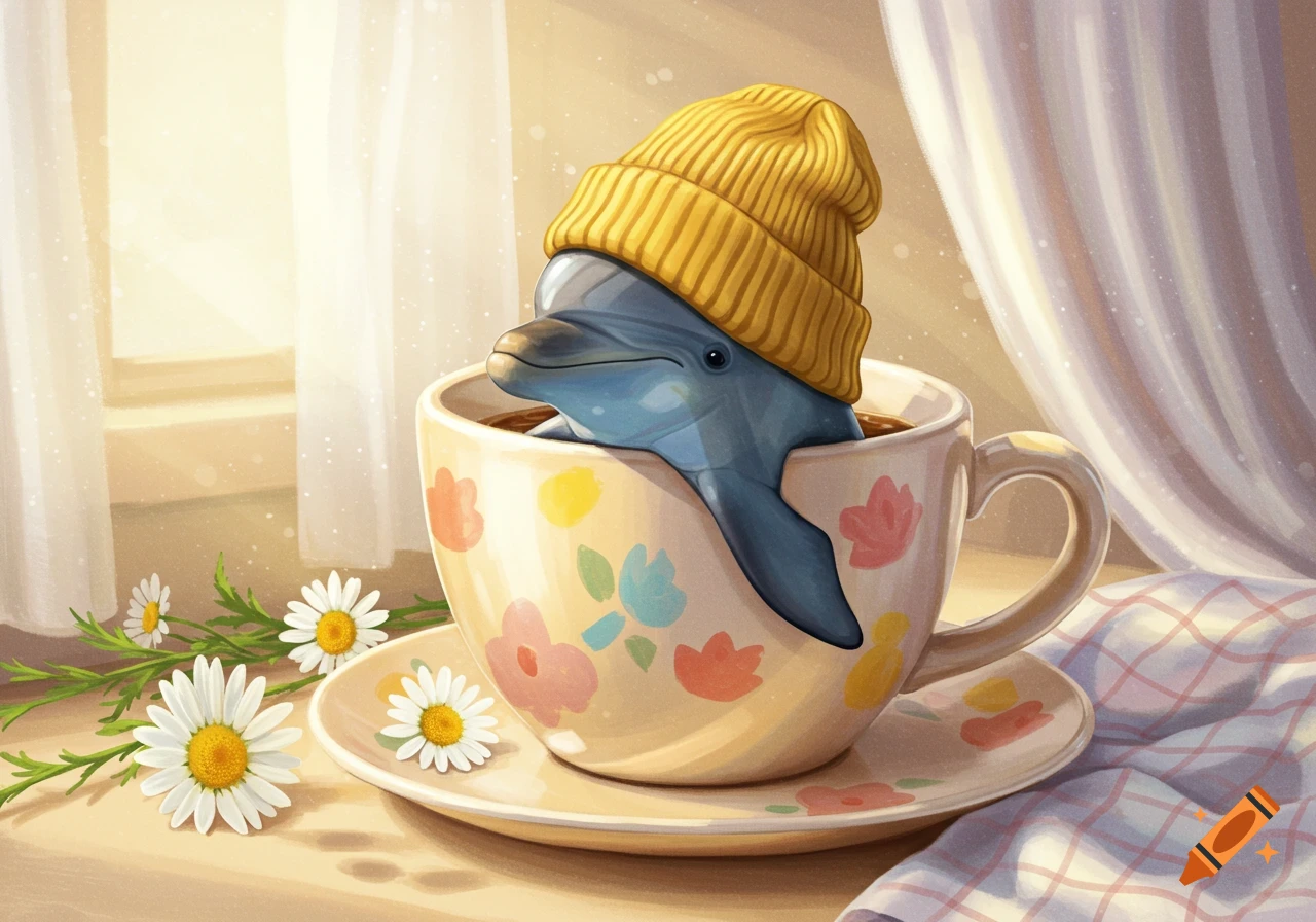 An illustrated dolphin in a yellow beanie sits in a floral teacup, with daisies and sunlight from a window.