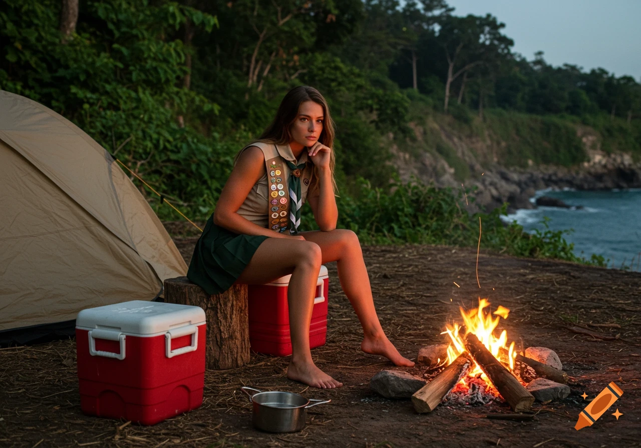 Woman in Girl Scout uniform sits by a campfire at dusk, with a tent, forest, and ocean in the background.