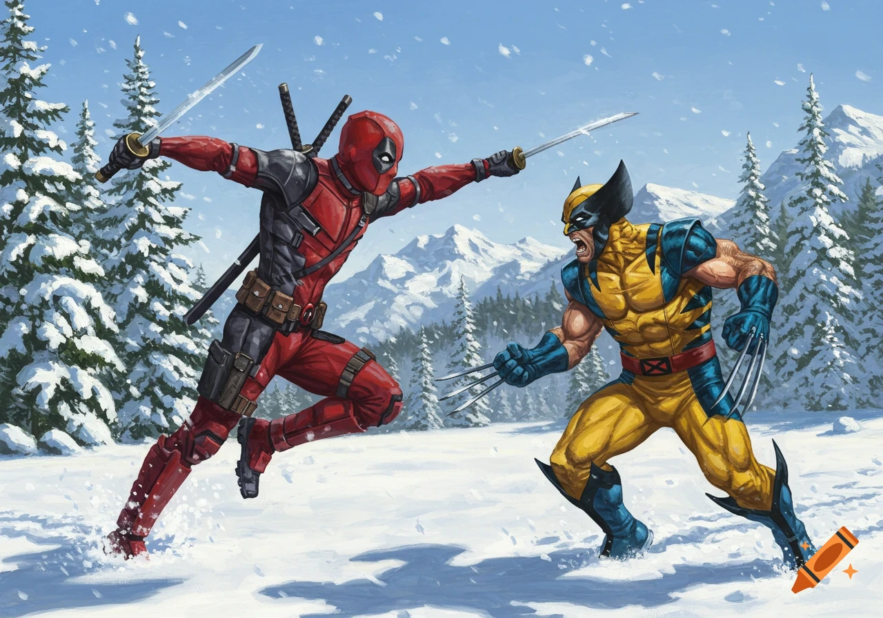 Deadpool and Wolverine fiercely battling with swords and claws in a snow-covered mountain landscape.