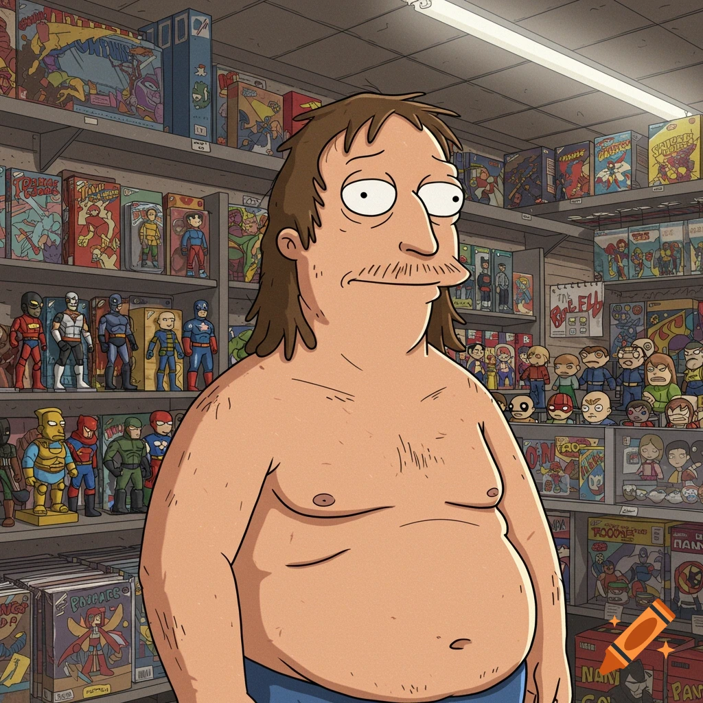 An overweight, shirtless cartoon man with a mustache and long hair stands in a comic book store filled with comics and action figures.