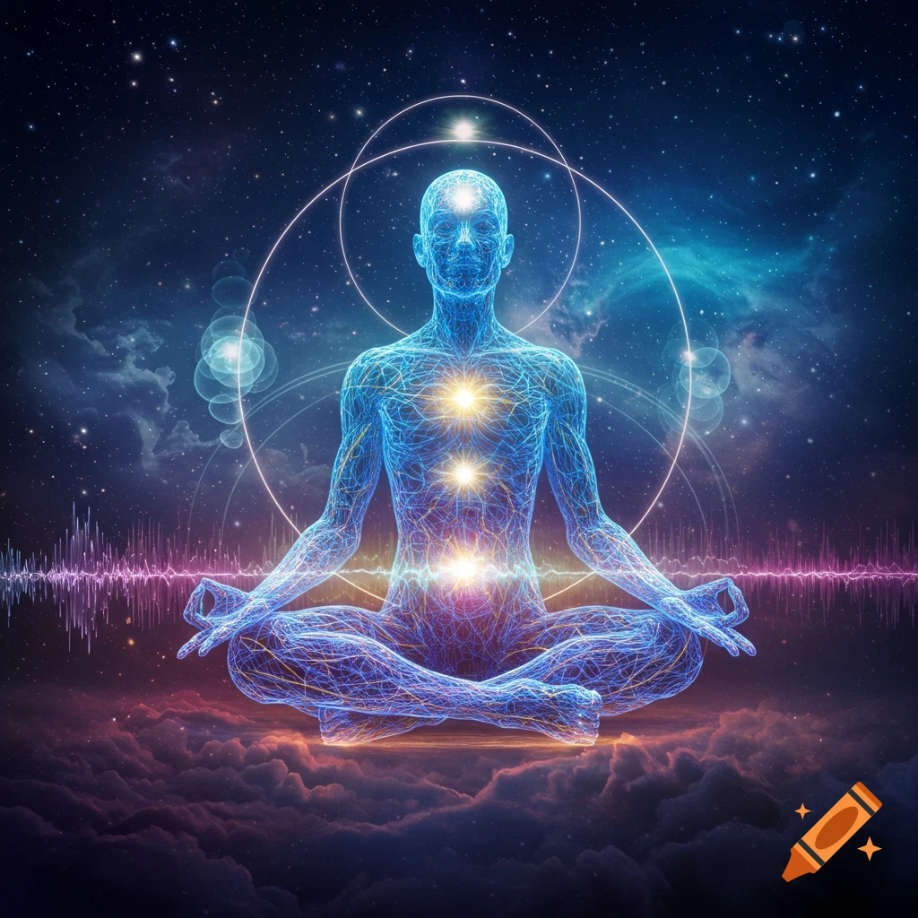 A glowing blue energy human meditating cross-legged amidst a cosmic starry sky with nebulae, auroras, and energy waves.
