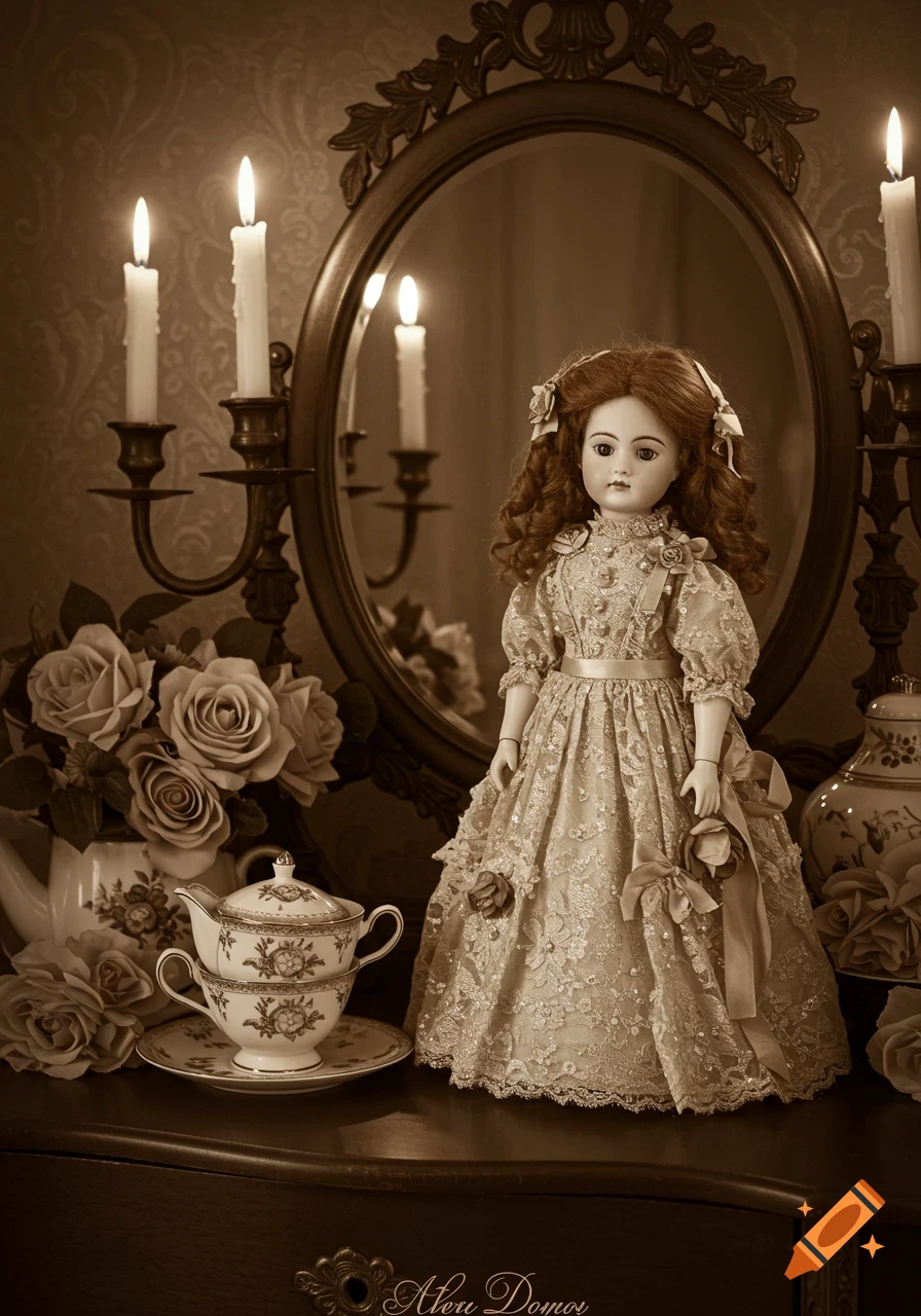 A vintage doll in an ornate dress sits before an antique mirror, flanked by lit candles, roses, and a porcelain tea set, in a sepia-toned still life.