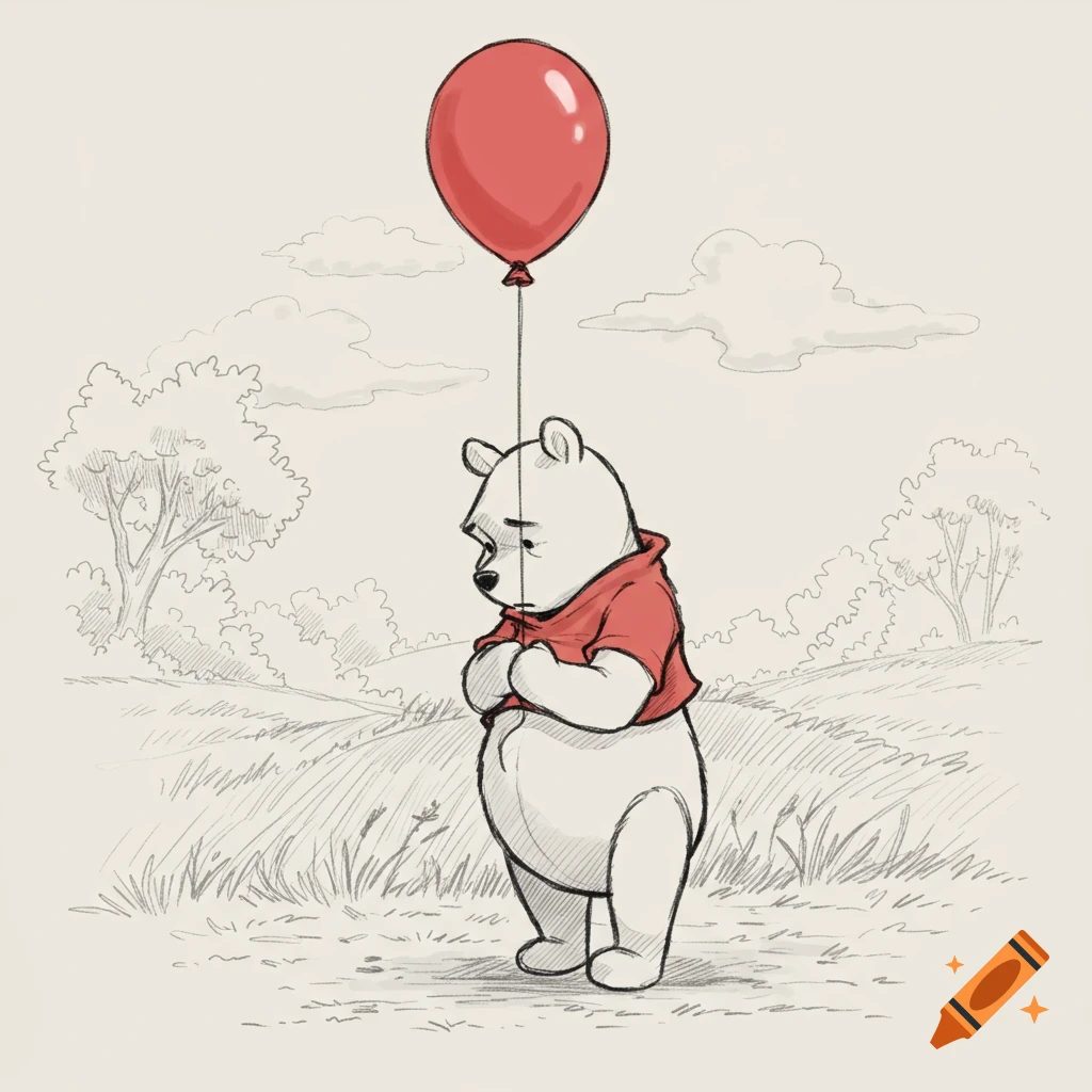 Sad Winnie the Pooh, in a red shirt, clutches a red balloon in a sketchy illustration with a field and trees in the background.