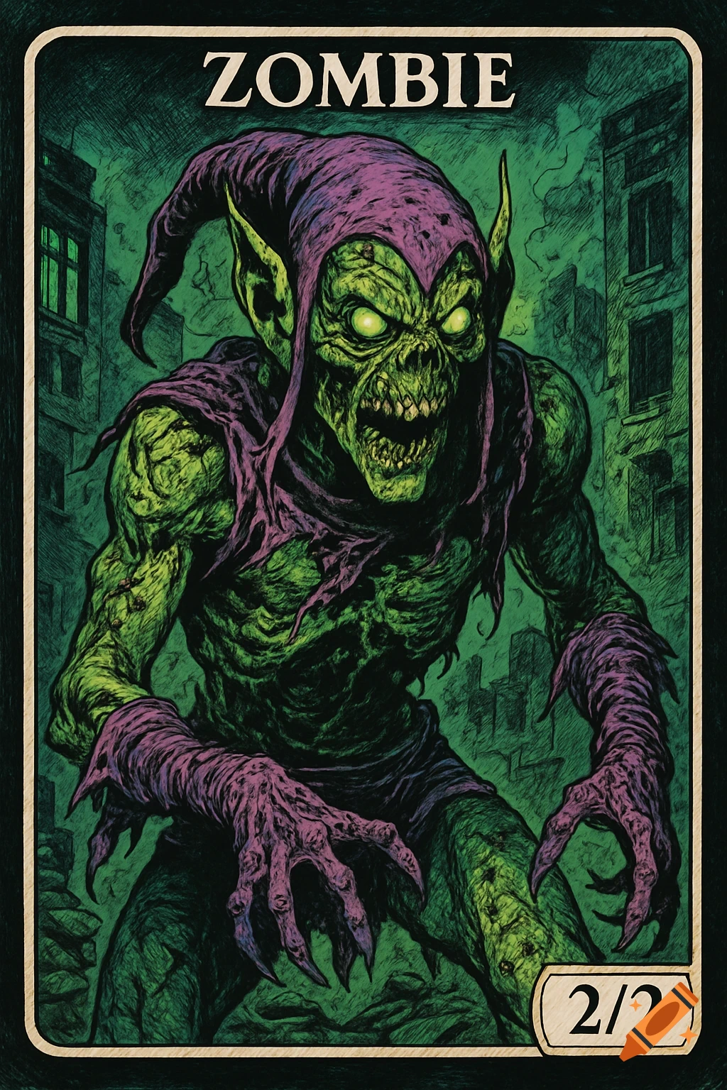 A green-skinned zombie Green Goblin in a purple hood with glowing eyes and sharp teeth, depicted in comic book art style as a collectible card with "ZOMBIE" and "2/2".