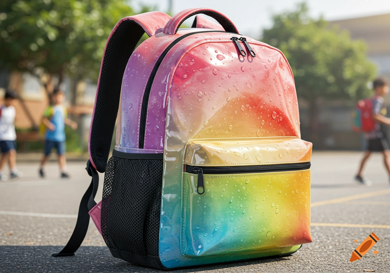 A vibrant rainbow-colored school backpack covered in water droplets stands on paved ground, with blurred children in the background.