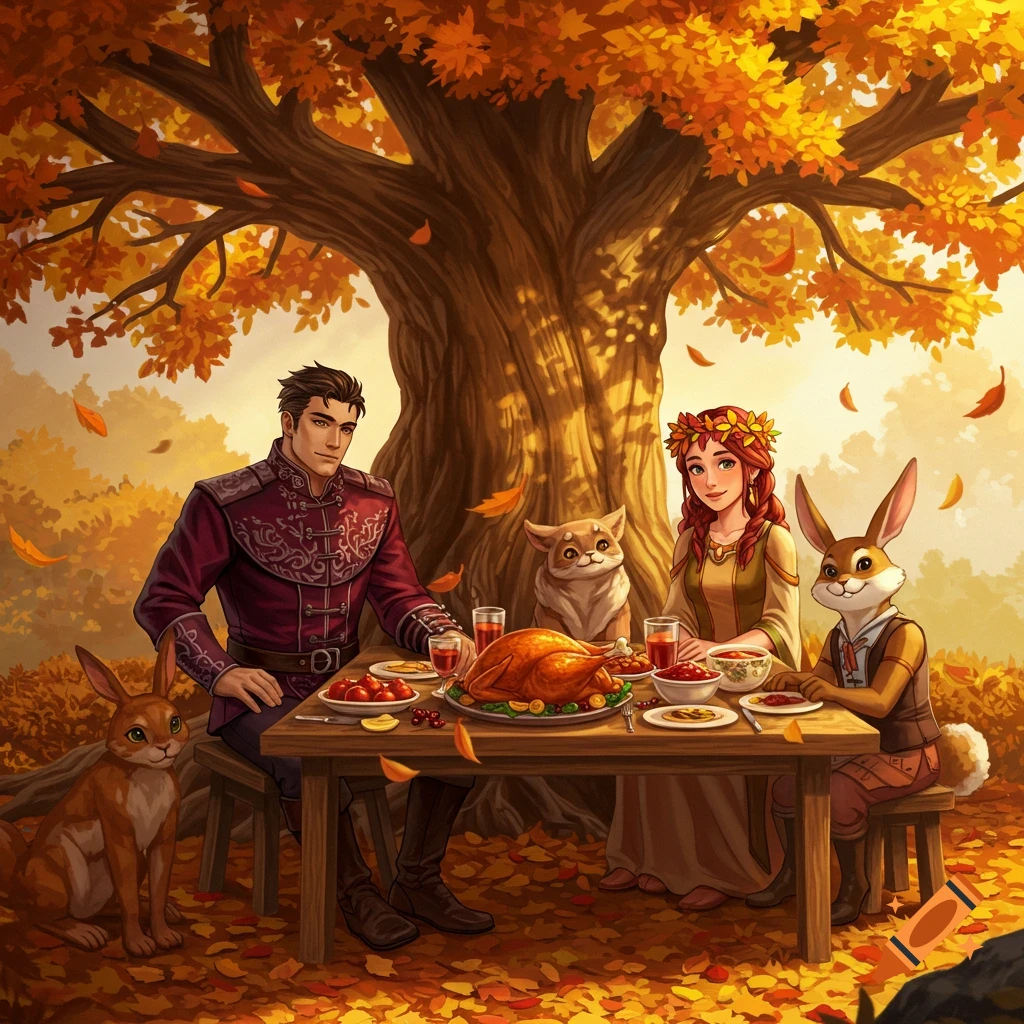 A diverse group including two humans, a cat, and two rabbits enjoy a Thanksgiving dinner under a large tree with colorful autumn leaves.