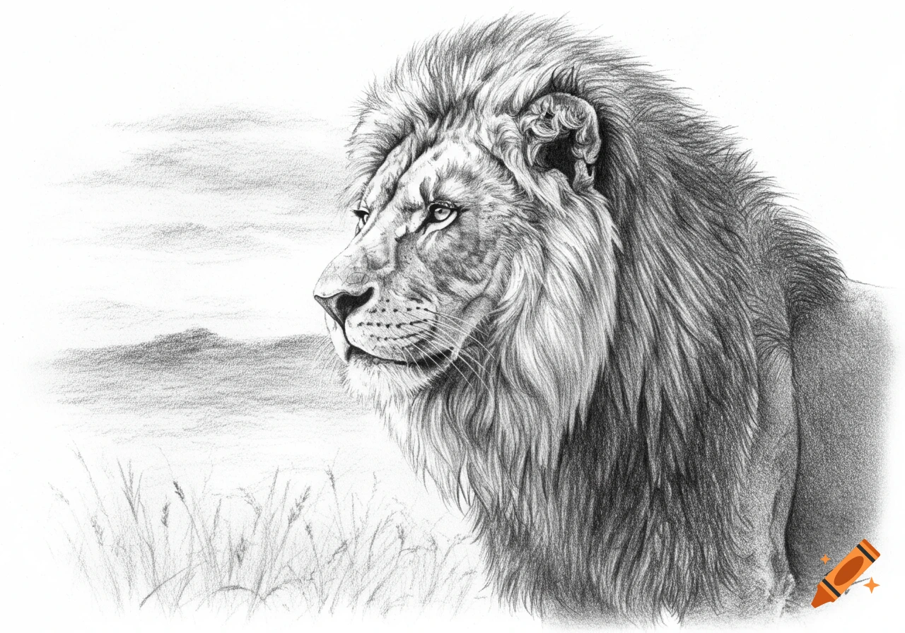Detailed black and white pencil drawing of a majestic lion looking left, with a sketched landscape in the background.