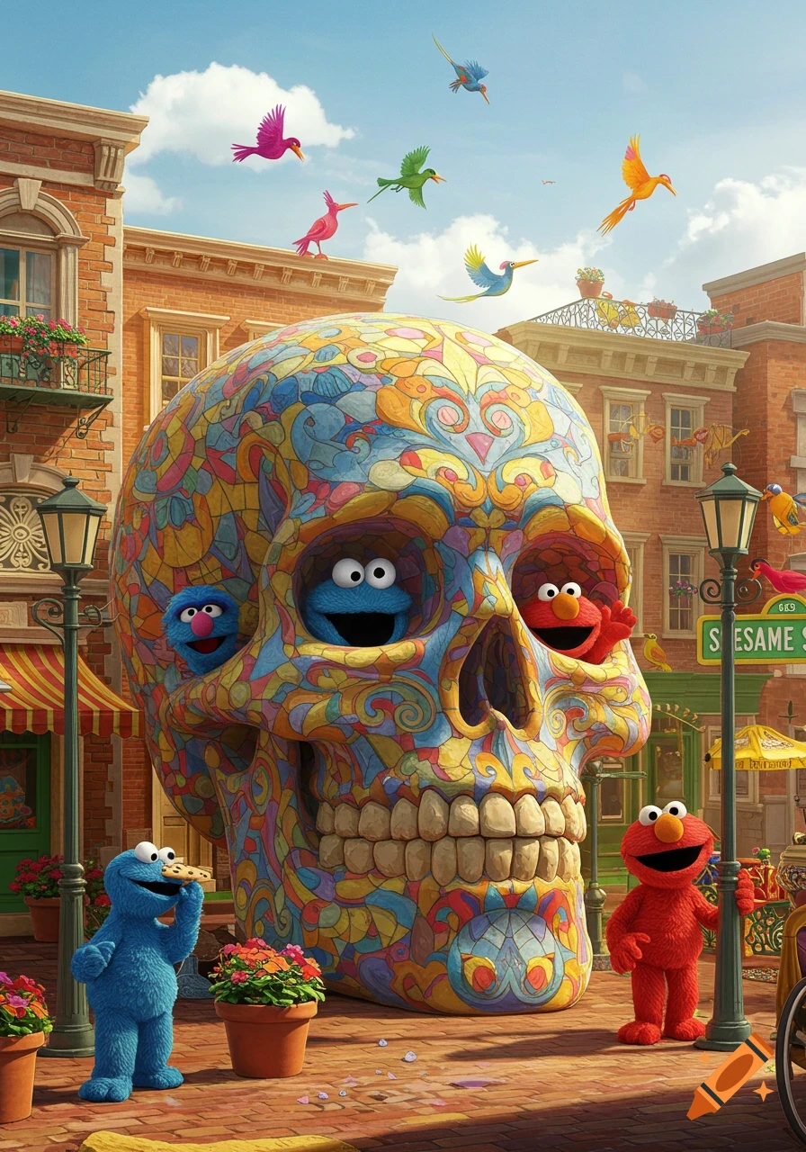 A gigantic, colorful sugar skull adorned with intricate patterns stands on a city street, with Cookie Monster and Elmo characters around and inside it, under a blue sky with flying birds.