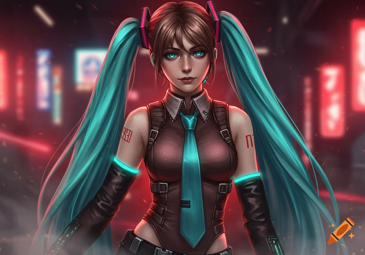 An illustration of a character with brown hair and long teal pigtails, wearing a dark sleeveless top with a teal tie, glowing armbands, against a red-lit background.