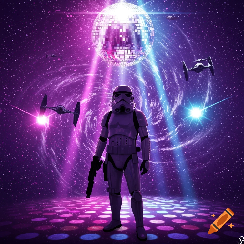 A Stormtrooper stands on a disco floor in a vibrant purple galaxy with a large disco ball, TIE fighters, and neon lights.