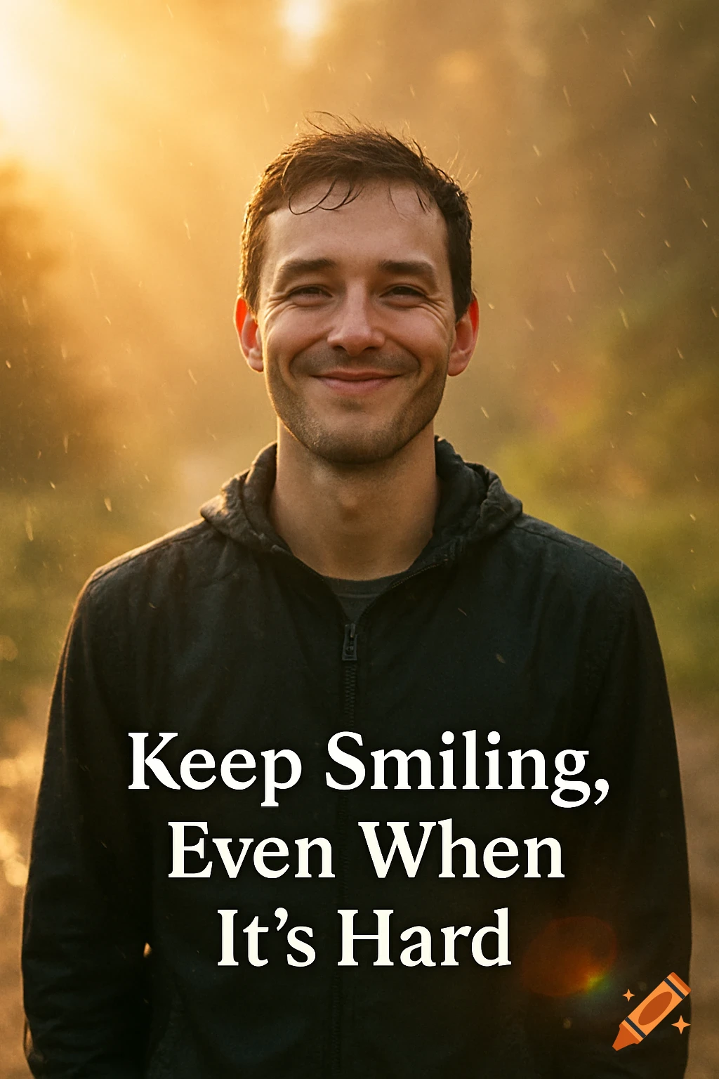 A man with a hopeful smile stands in golden hour light, with a text overlay 'Keep Smiling, Even When It's Hard'.