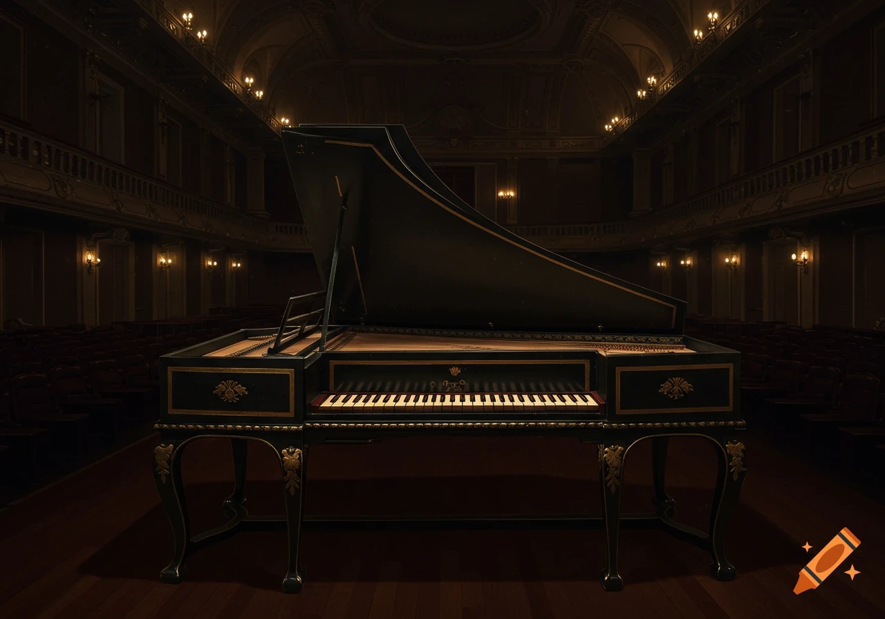 An elegant harpsichord with its lid open sits center stage in a dark, ornate classical auditorium with glowing wall sconces.
