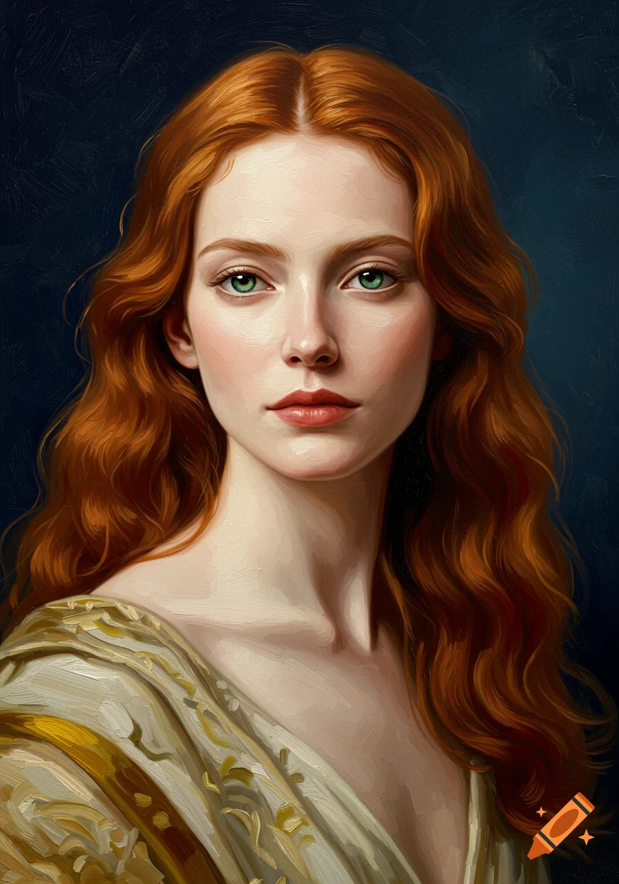 Oil portrait of a red-haired woman with green eyes, wearing an ornate light-colored garment against a dark background.