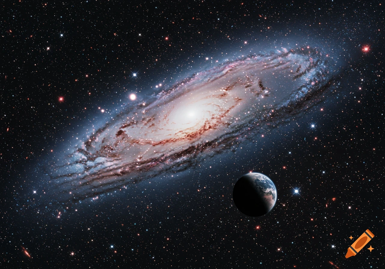 A vibrant spiral galaxy with a bright core and trailing arms, set against a dark, star-filled cosmic backdrop, with a half-lit planet visible in the foreground.