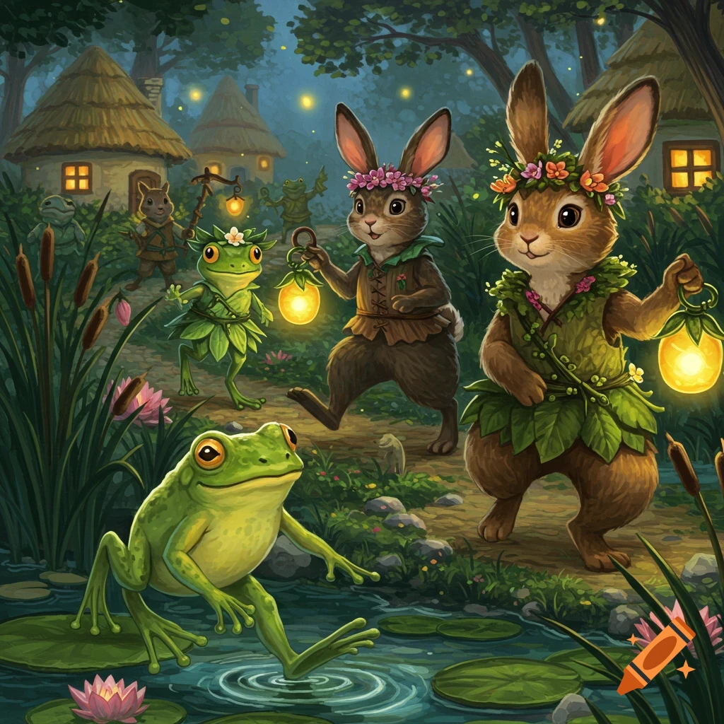 Anthropomorphic rabbits and frogs with lanterns walk through a whimsical forest village at night in a colorful storybook style.