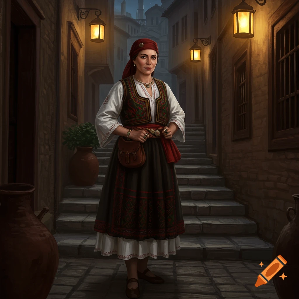 Woman in traditional red headscarf and embroidered vest stands in a dimly lit old-world alley with lanterns.