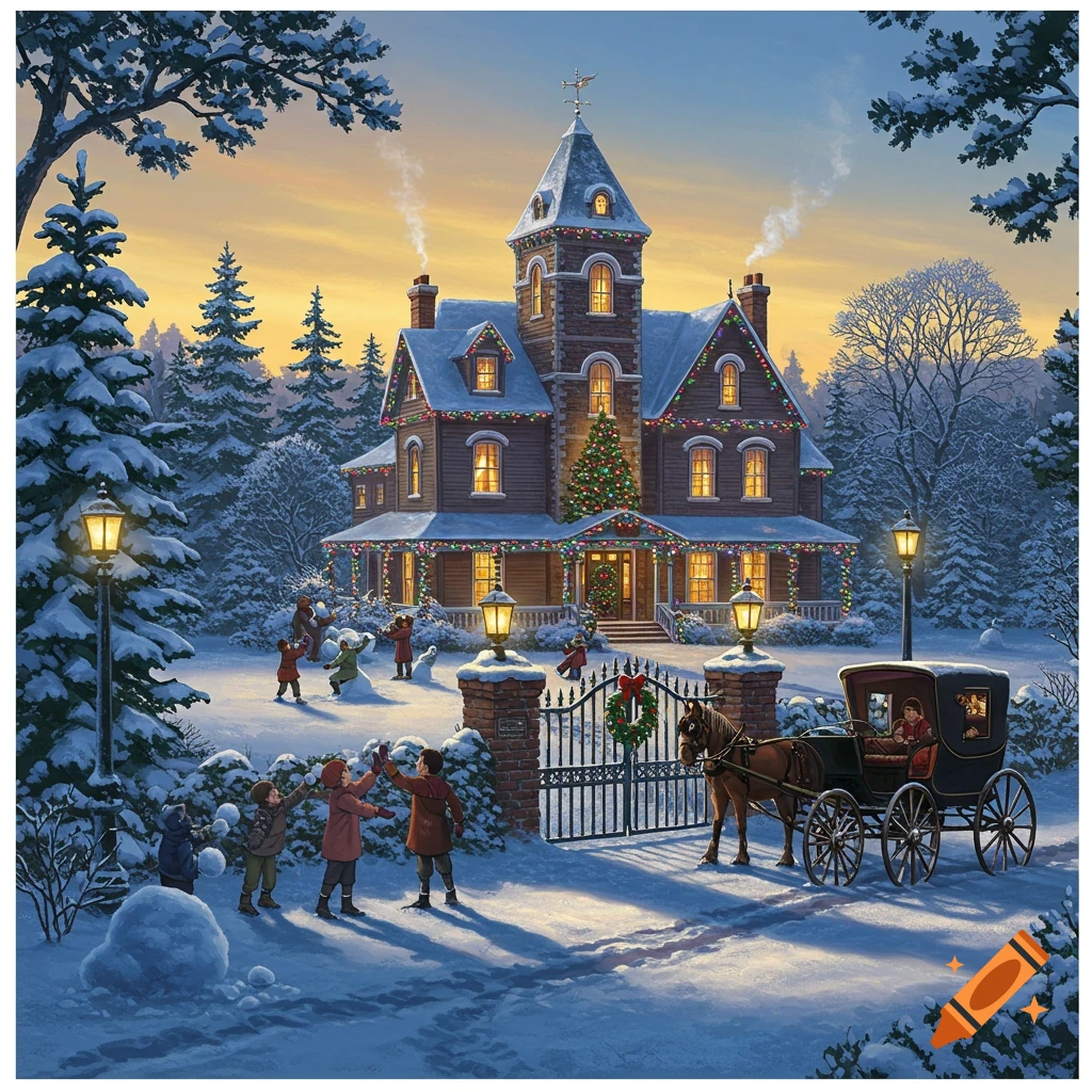 A picturesque Victorian mansion decorated for Christmas, surrounded by snow-covered trees and children playing in the snow at sunset, with a horse-drawn carriage arriving.