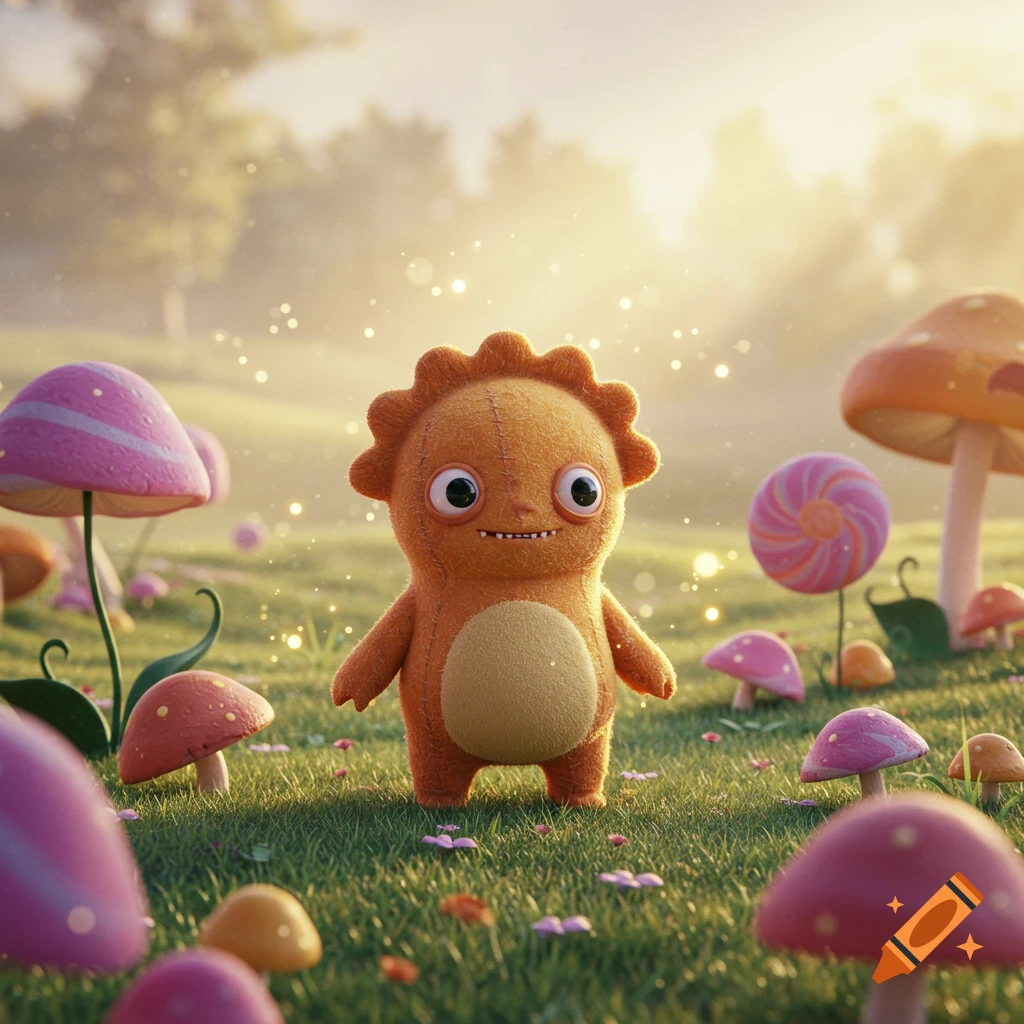 A fluffy orange monster with big eyes stands smiling in a magical forest filled with colorful mushrooms and glowing particles.