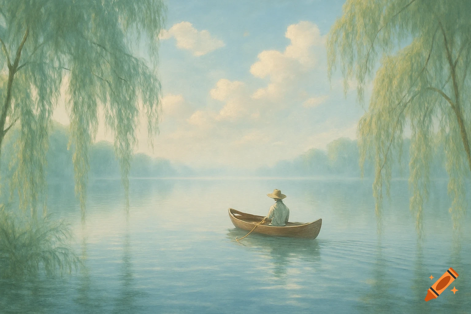 A serene painting of a person in a small boat on a calm lake, flanked by weeping willow trees under a cloudy sky.