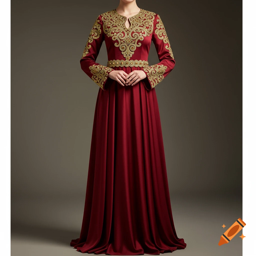 An elegant, full-length, deep red maxi dress with intricate gold embroidery on the chest, sleeves, and waist, modeled under studio lighting.