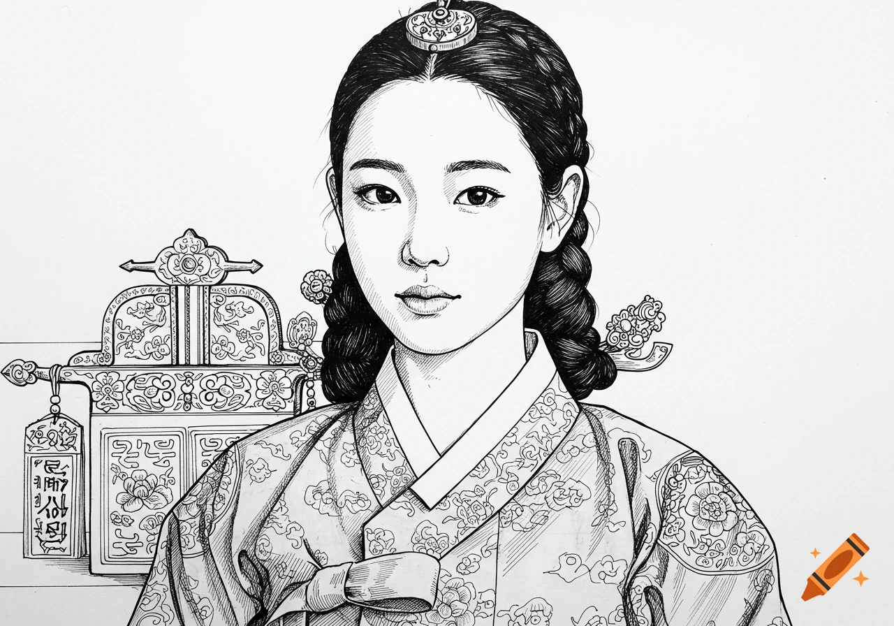 Pen-line illustration of a young Korean woman in traditional Joseon Dynasty clothing, with braided daenggi hair and intricate accessories.