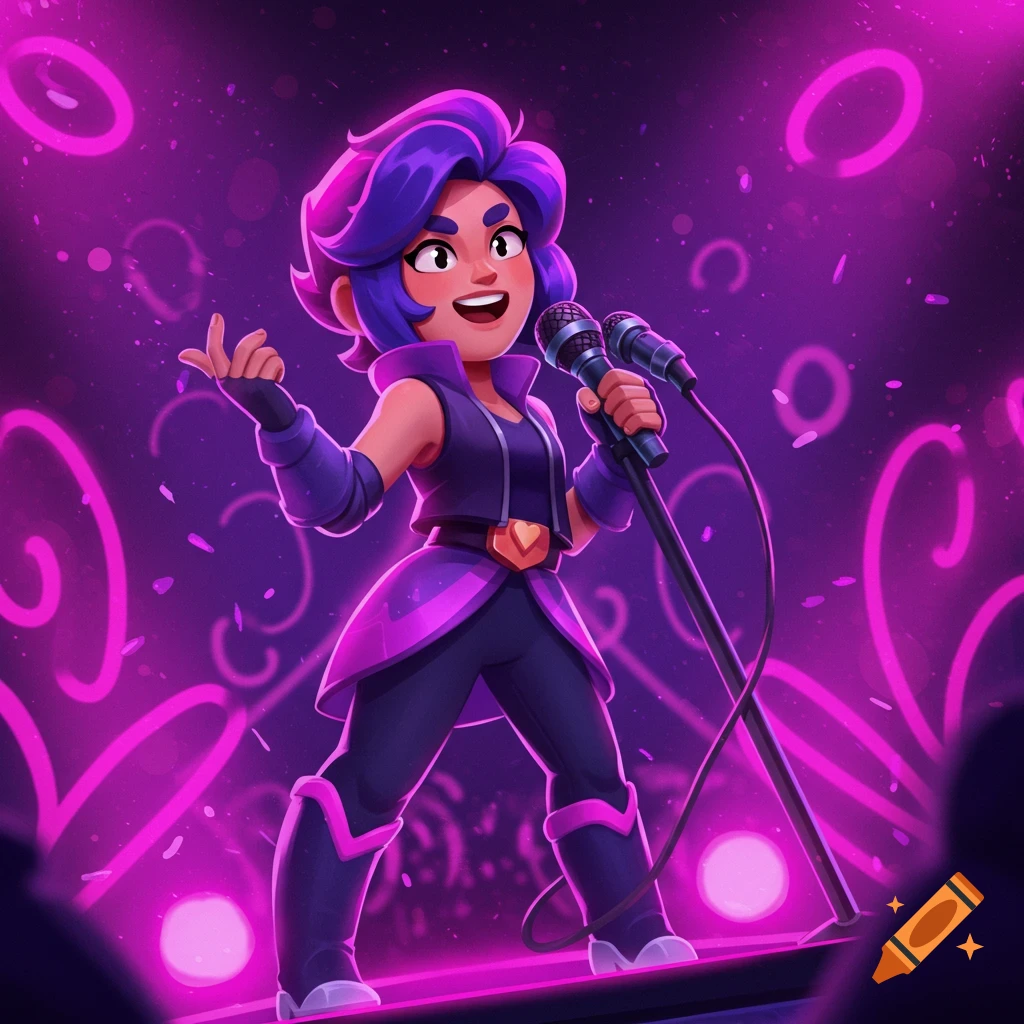 Brawl Stars' Melody sings on a neon-lit stage, holding two microphones, in a vibrant digital illustration.