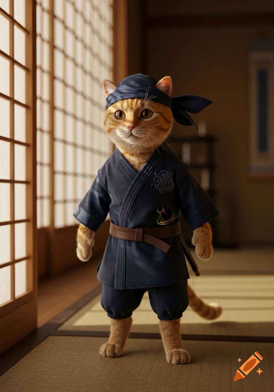 Photorealistic orange cat in a blue ninja outfit and bandana, standing in a Japanese-style room with a shoji screen and tatami mat.