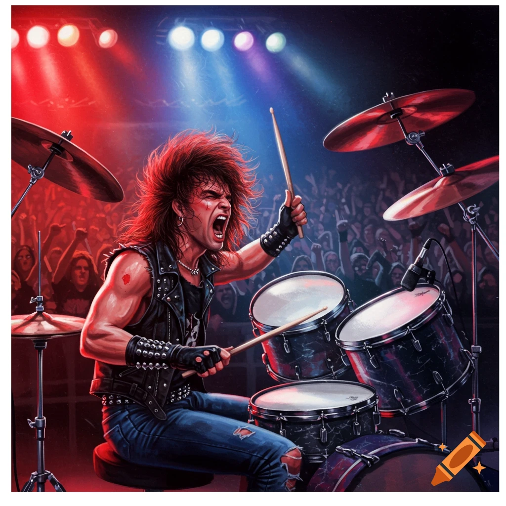 Stylized illustration of a passionate male rock drummer with long red hair, playing drums on stage under red and blue lights for a cheering crowd.