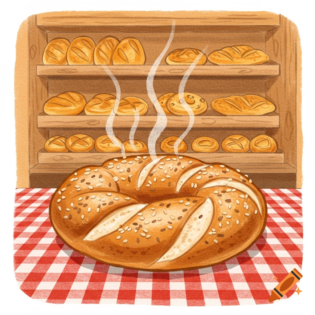 Clip art illustration of a steaming sesame seed bagel on a red and white checkered tablecloth with bread on shelves.