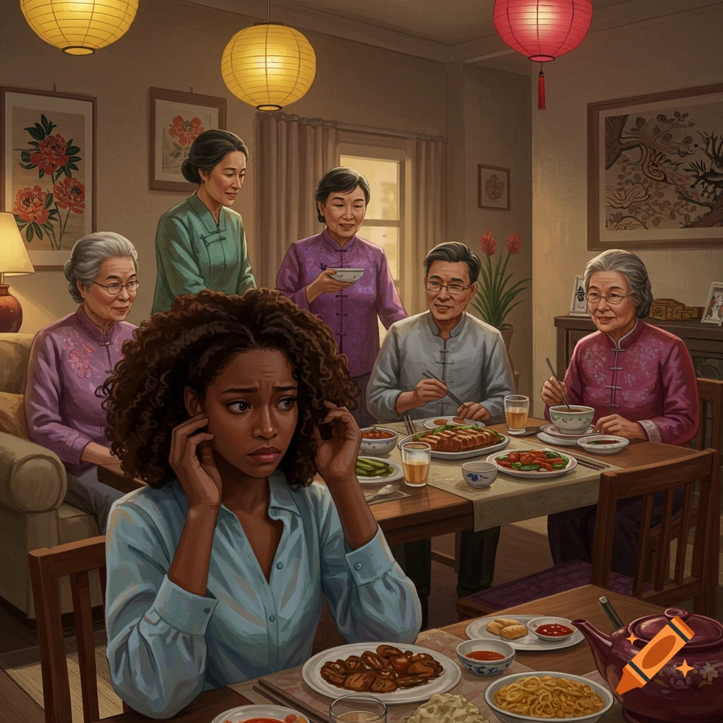 A distressed young Black woman at a dinner table, holding her ears, while an Asian family eats around her in a photorealistic style.