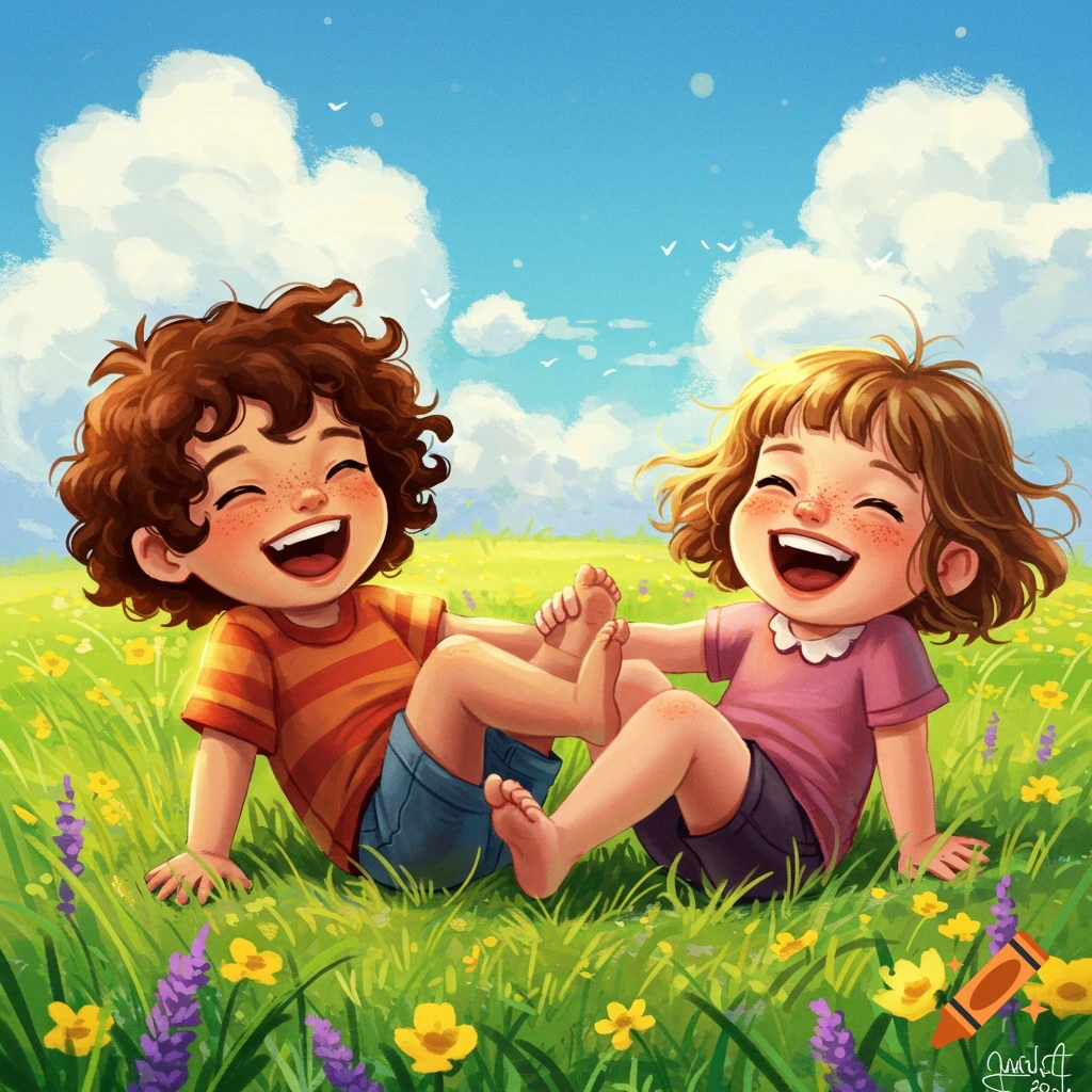 Two joyful children laugh as one tickles the other's feet in a vibrant green meadow with flowers, under a blue sky, in a bright illustration.