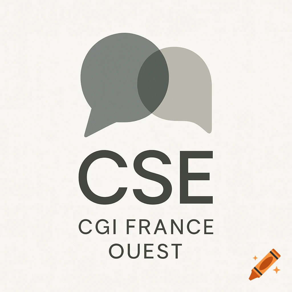 Logo with two overlapping grey speech bubbles above the text 'CSE' and 'CGI FRANCE OUEST' on a light textured background.